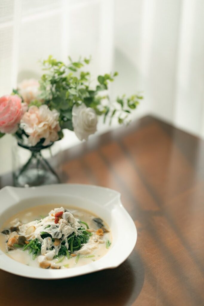 white ceramic bowl with soup