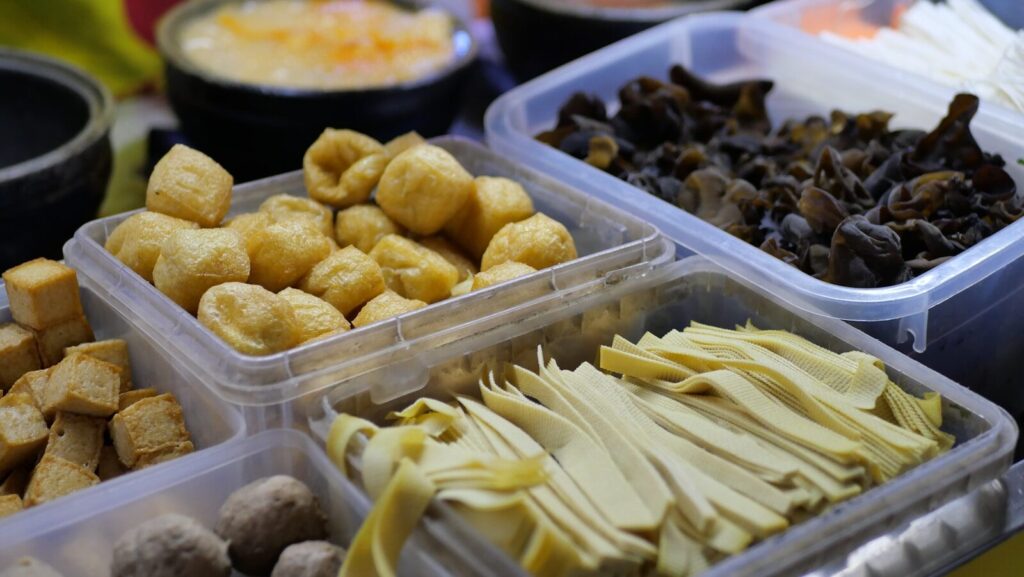 a close up of a tray of food on a table