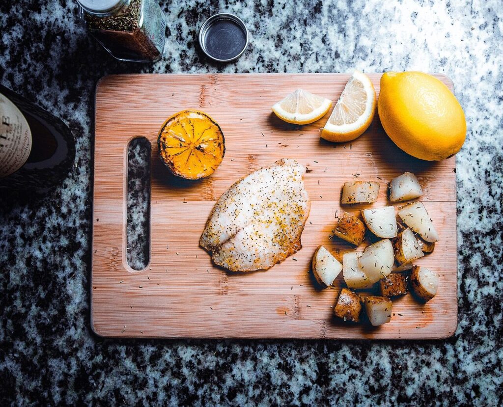 fish fillet, healthy, food, potato, lemon, fruit, meat, meal, dish, diet, dinner, lunch, delicious