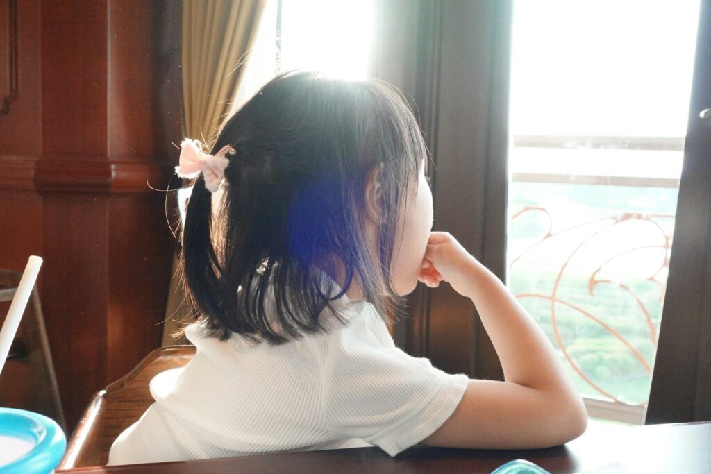 Little girl with pigtails gazes out a sunlit window