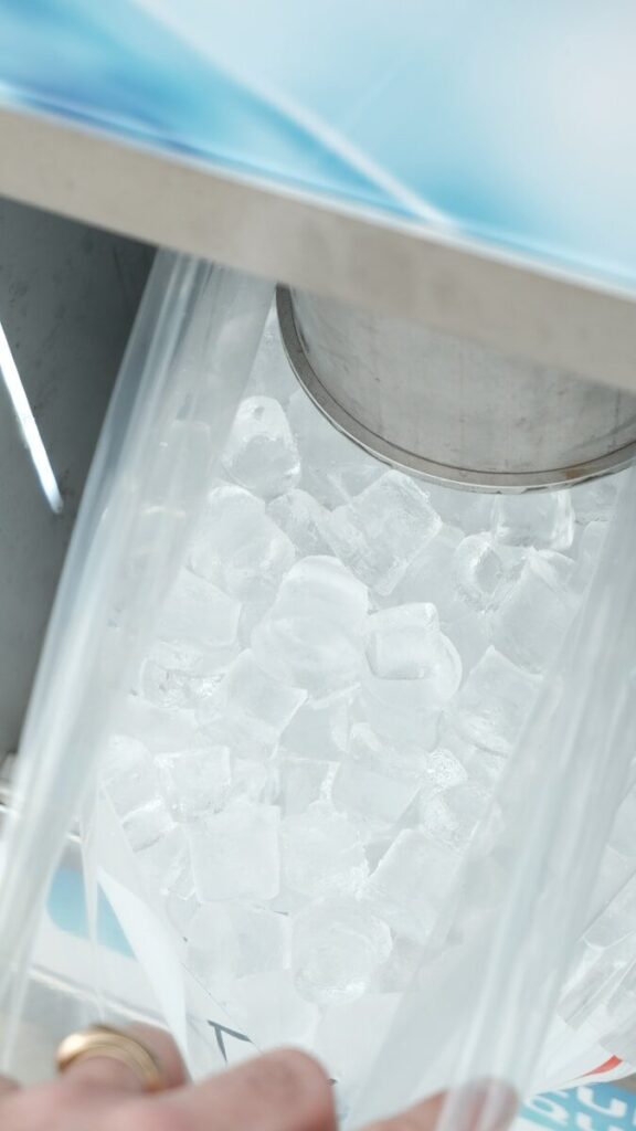 A bag is filled with cubed ice.