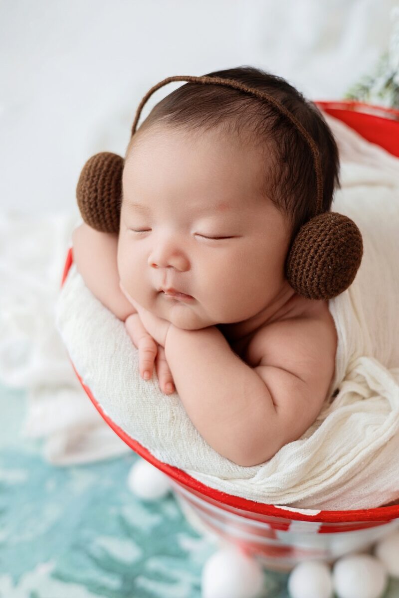 christmas, baby, tree, cute, cold, cap, rest, basket, blanket, earmuffs, sleeping, joyful, sweet, peaceful, winter, newborn, muted, clothed, sign, nature, portrait, blend
