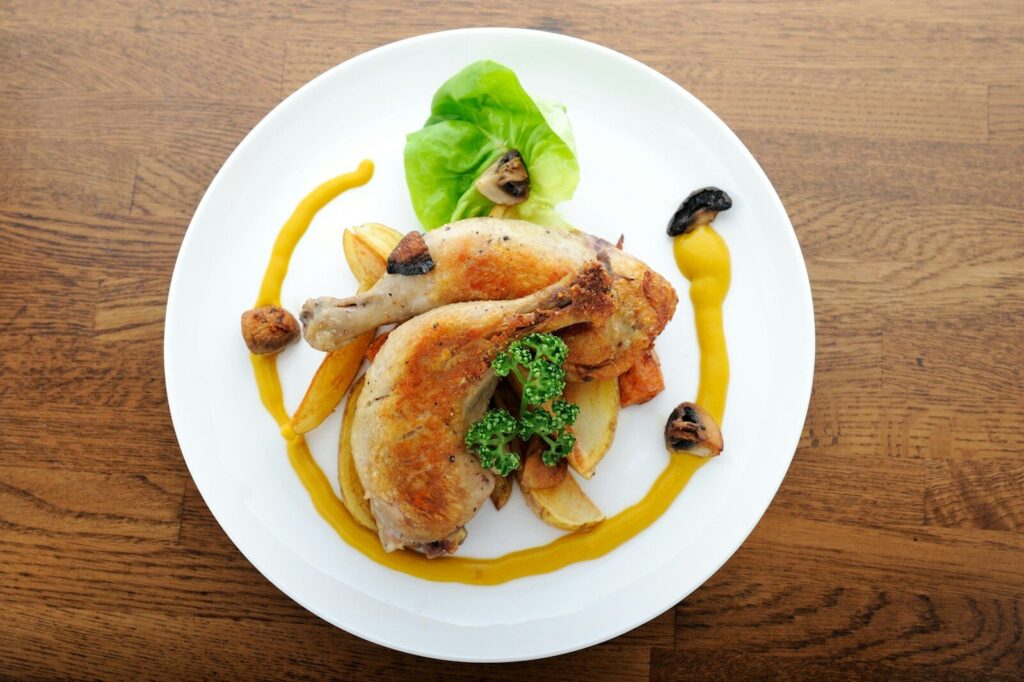 A plate of food on a wooden table
